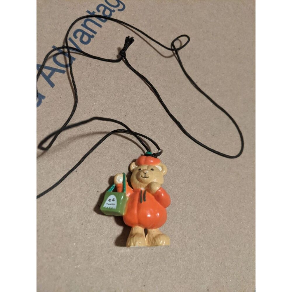 Vintage Halloween Teddy Bear Pumpkin Costume Cord Necklace Cute